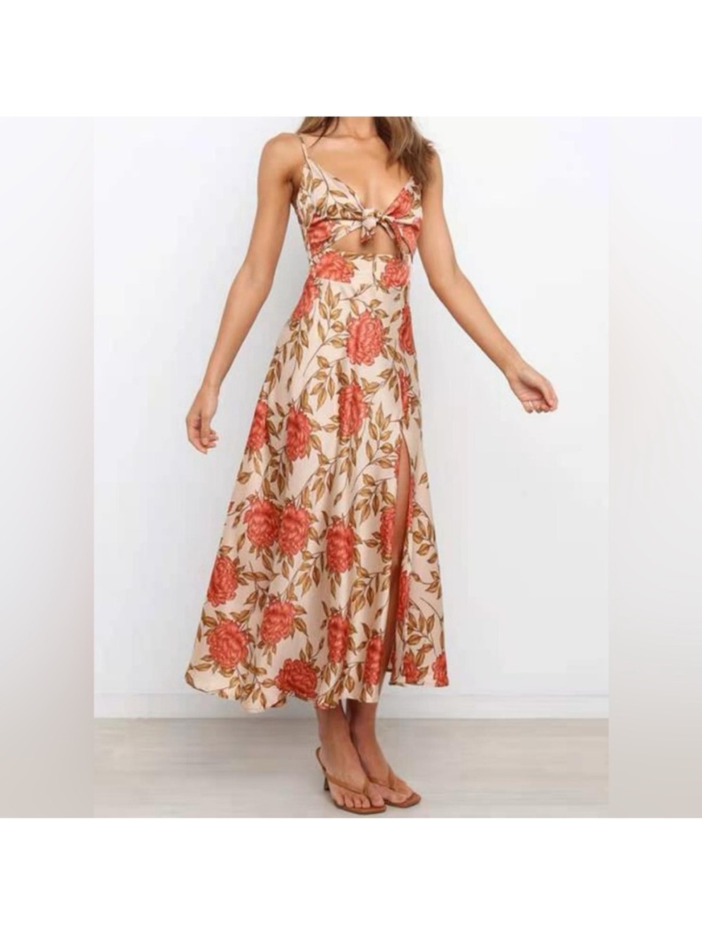 Petal & Pup Coral Floral Tie-Front Midi Dress